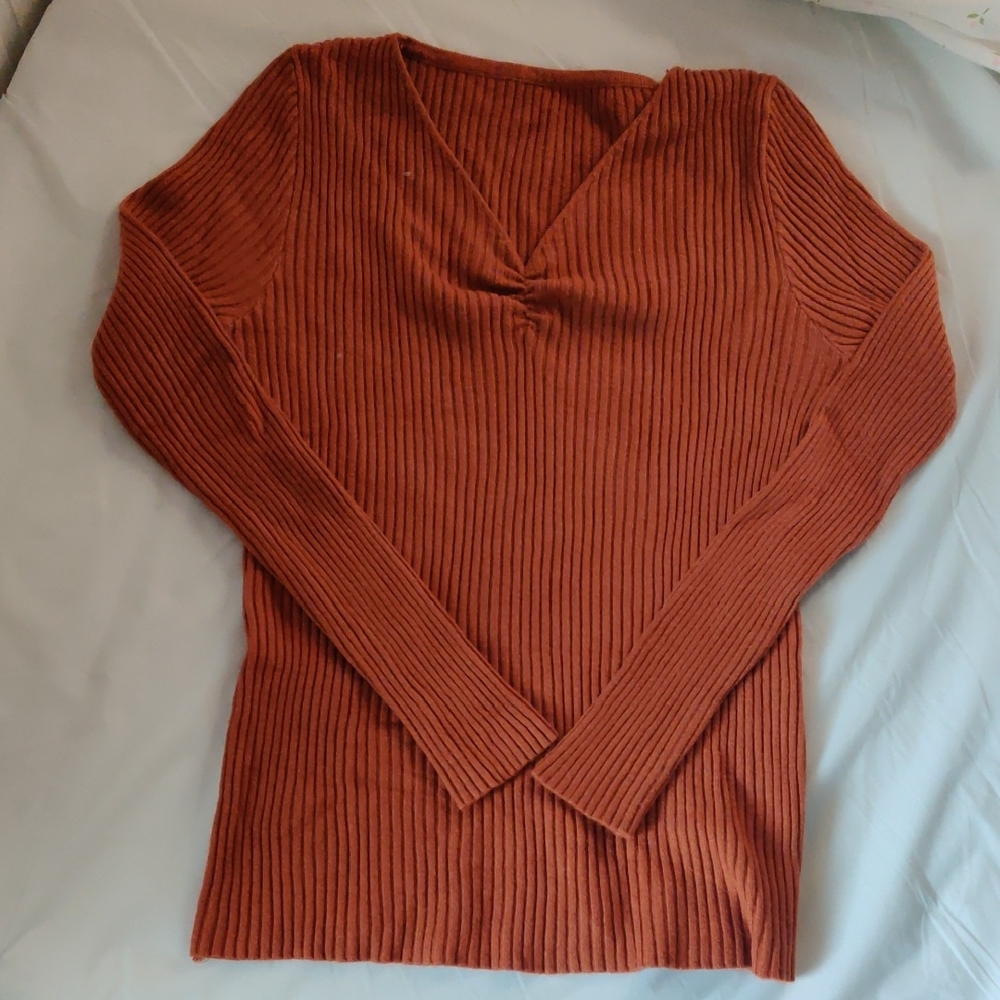 2 Fitted Ribbed Sweaters: Rust V-neck and Blue Square Neck